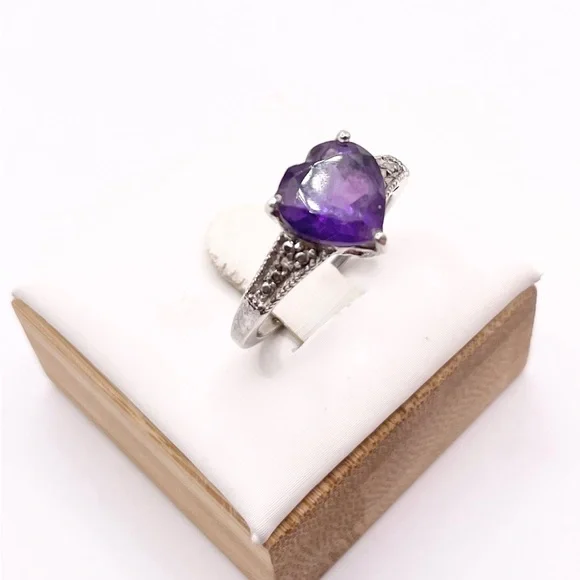 Size 7 Dark Purple amethyst heart 925 sterling silver ring - Picture 4 of 8